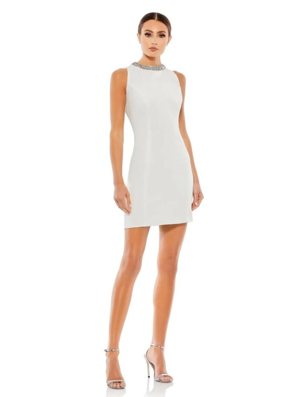 White Short Cocktail Bodycon Mini Dress Jewel collar Mac Duggal, Bridal